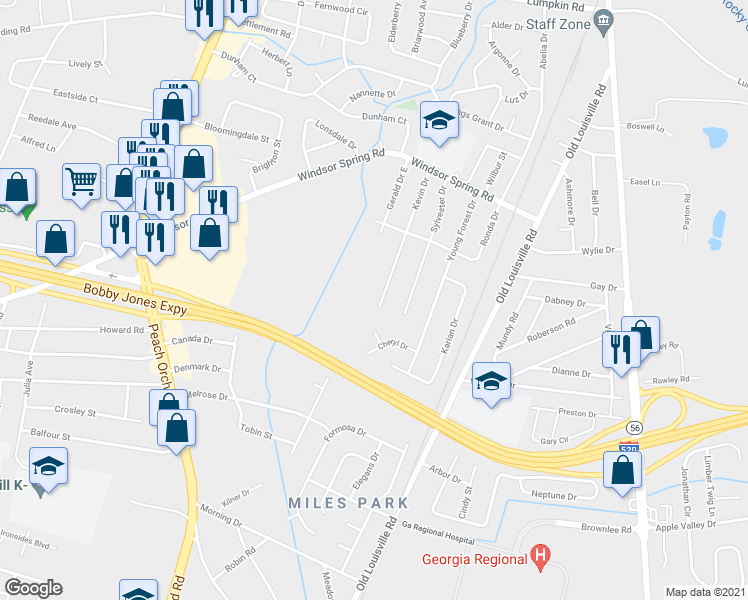 map of restaurants, bars, coffee shops, grocery stores, and more near 3243 Kevin Drive in Augusta
