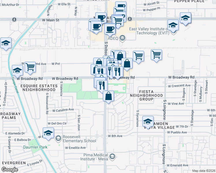 map of restaurants, bars, coffee shops, grocery stores, and more near 14 West Madera Point Apartment in Mesa