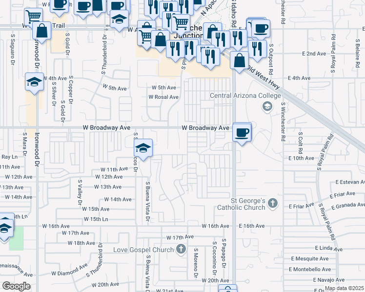 map of restaurants, bars, coffee shops, grocery stores, and more near 965 South Del Rio Court in Apache Junction