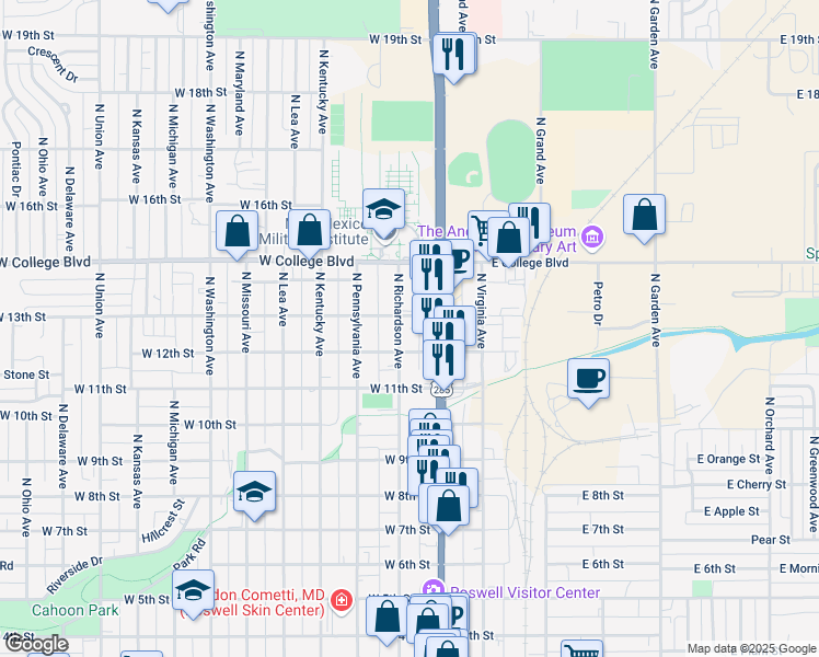 map of restaurants, bars, coffee shops, grocery stores, and more near 1210 North Richardson Avenue in Roswell