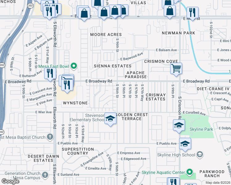map of restaurants, bars, coffee shops, grocery stores, and more near 443 South 96th Street in Mesa
