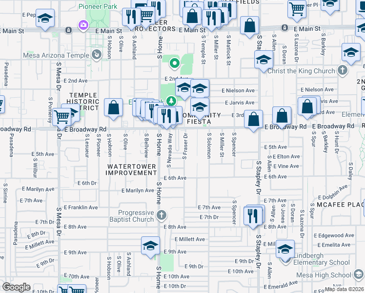 map of restaurants, bars, coffee shops, grocery stores, and more near 445 South Fraser Drive in Mesa