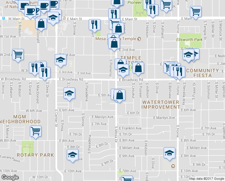 map of restaurants, bars, coffee shops, grocery stores, and more near 448 South Mesa Drive in Mesa