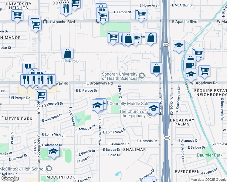map of restaurants, bars, coffee shops, grocery stores, and more near 2045 East Broadway Road in Tempe