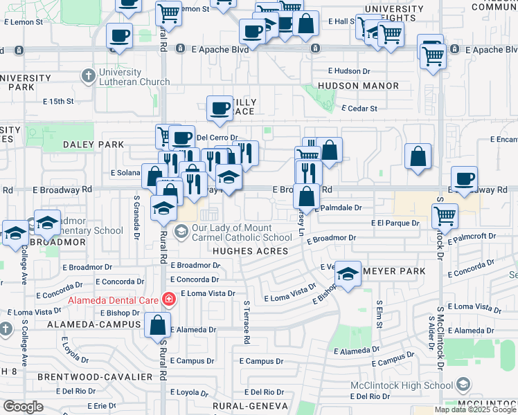 map of restaurants, bars, coffee shops, grocery stores, and more near 1207 East Broadway Road in Tempe