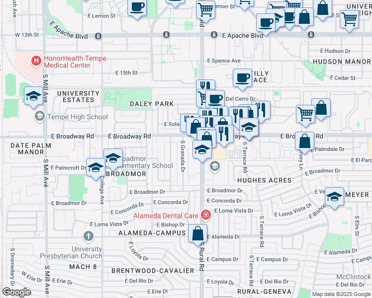 map of restaurants, bars, coffee shops, grocery stores, and more near 2014 South Rural Road in Tempe