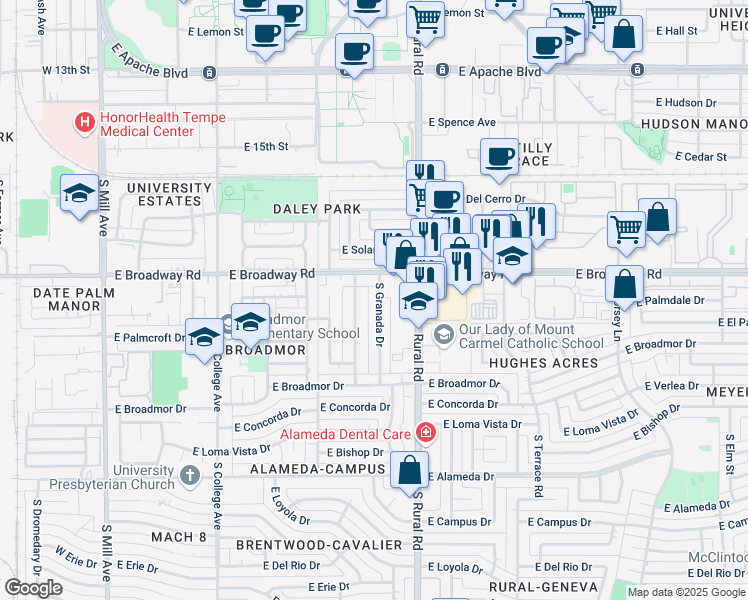 map of restaurants, bars, coffee shops, grocery stores, and more near 2027 South La Rosa Drive in Tempe