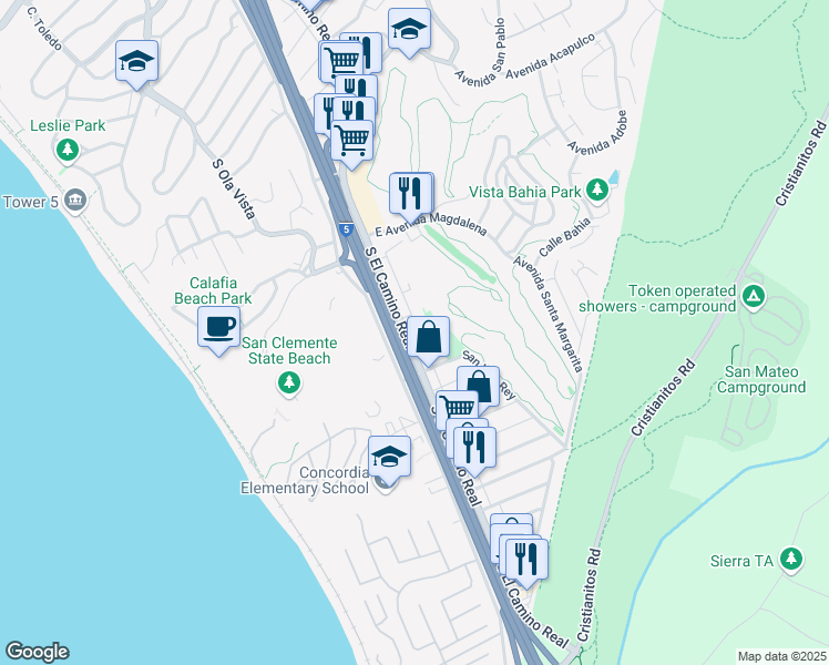 map of restaurants, bars, coffee shops, grocery stores, and more near 2719 South El Camino Real in San Clemente