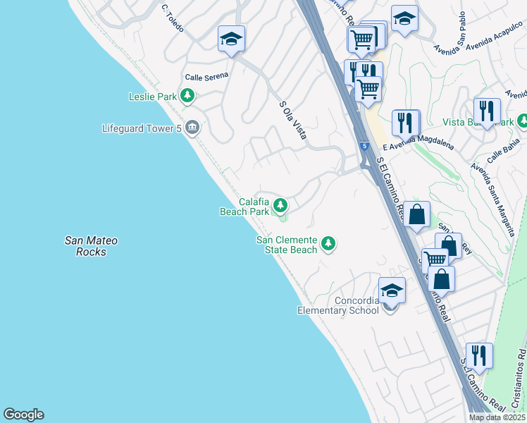 map of restaurants, bars, coffee shops, grocery stores, and more near 263 Avenida Lobeiro in San Clemente