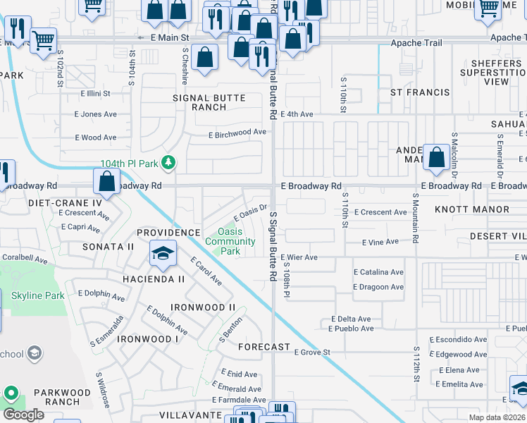 map of restaurants, bars, coffee shops, grocery stores, and more near 10723 East Oasis Drive in Mesa