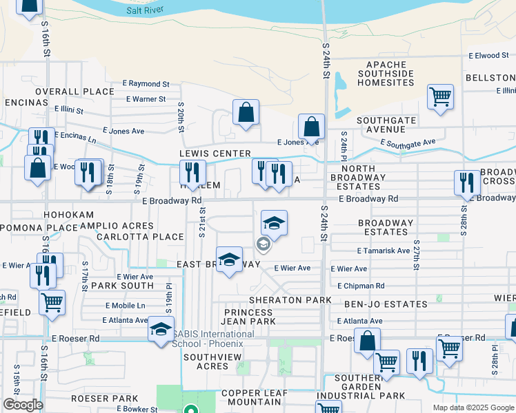 map of restaurants, bars, coffee shops, grocery stores, and more near 2201 East Broadway Road in Phoenix