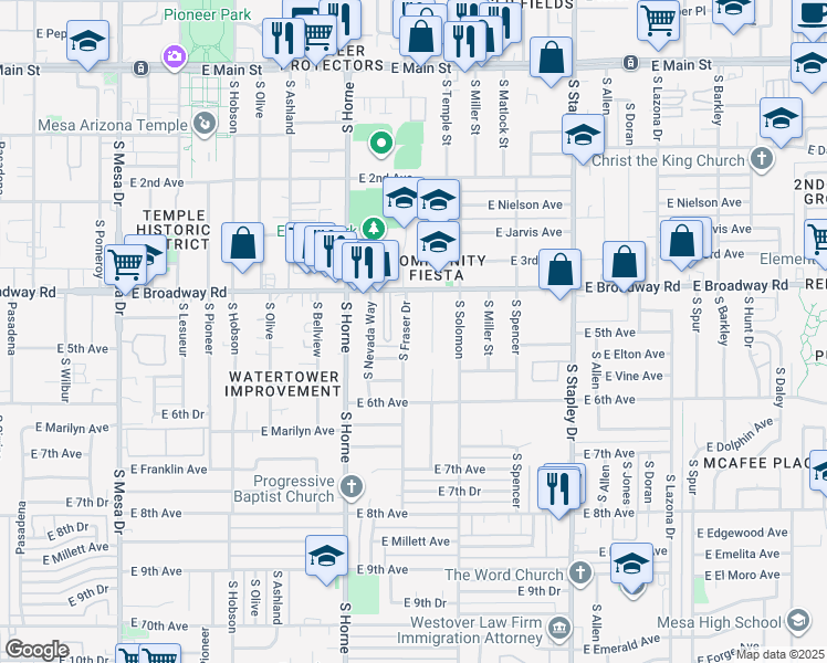 map of restaurants, bars, coffee shops, grocery stores, and more near 445 S Fraser Dr in Mesa