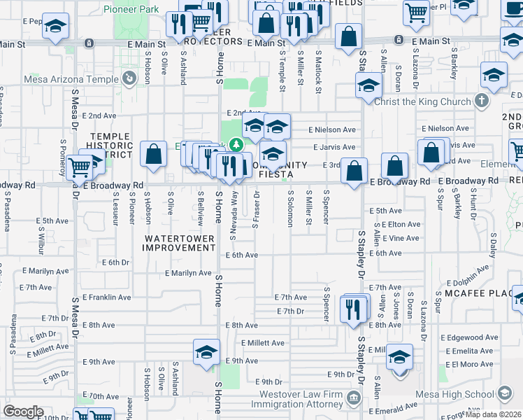 map of restaurants, bars, coffee shops, grocery stores, and more near 445 South Fraser Drive in Mesa