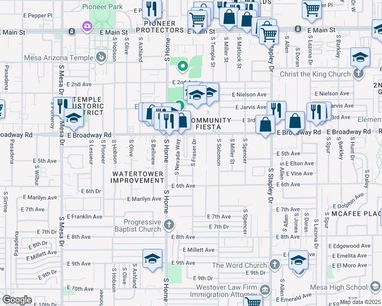 map of restaurants, bars, coffee shops, grocery stores, and more near 445 South Fraser Drive in Mesa