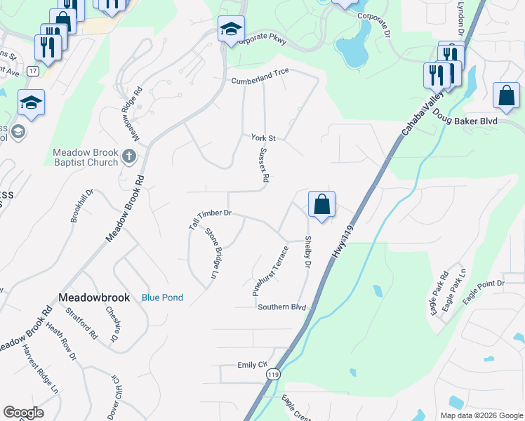 map of restaurants, bars, coffee shops, grocery stores, and more near 3661 Tall Timber Drive in Birmingham