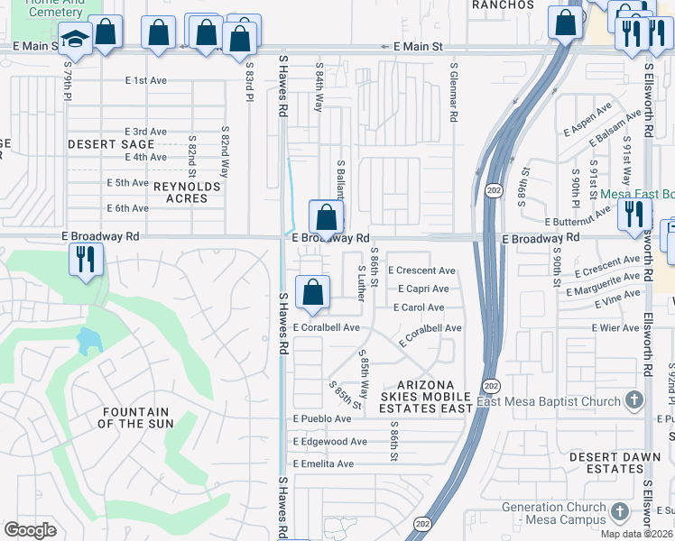 map of restaurants, bars, coffee shops, grocery stores, and more near 438 South Torrence in Mesa