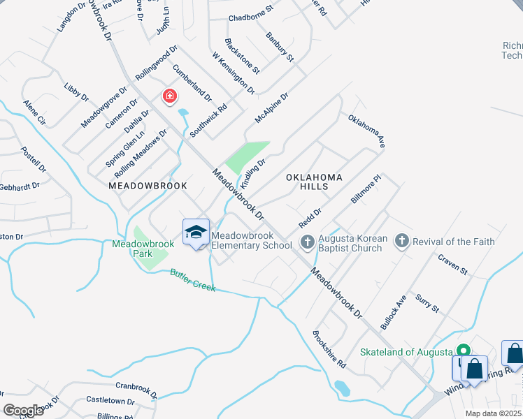 map of restaurants, bars, coffee shops, grocery stores, and more near 2817 Meadowbrook Drive in Augusta