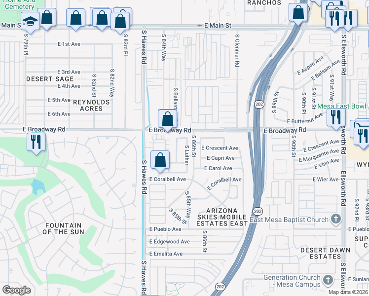 map of restaurants, bars, coffee shops, grocery stores, and more near 444 South Luther in Mesa
