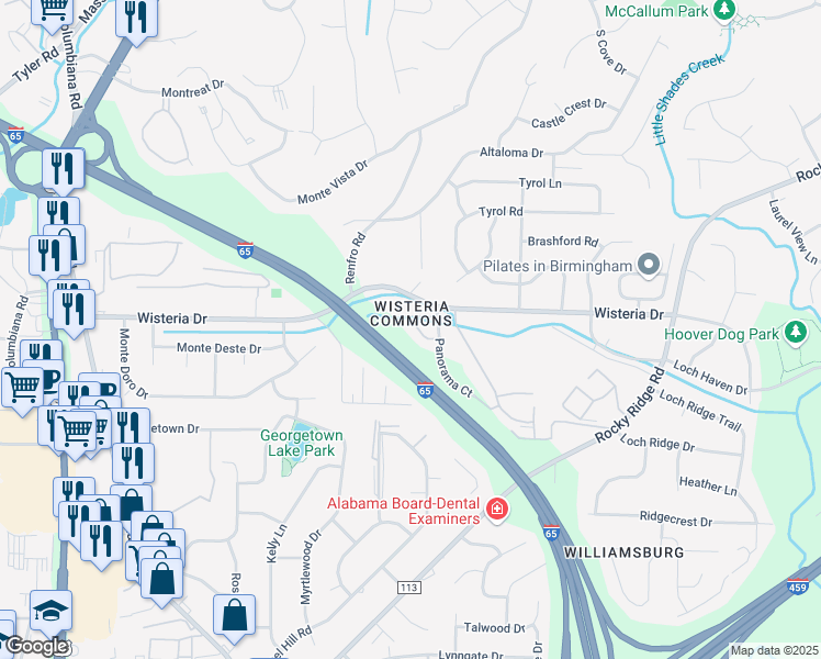 map of restaurants, bars, coffee shops, grocery stores, and more near 3434 Wisterwood Lane in Birmingham