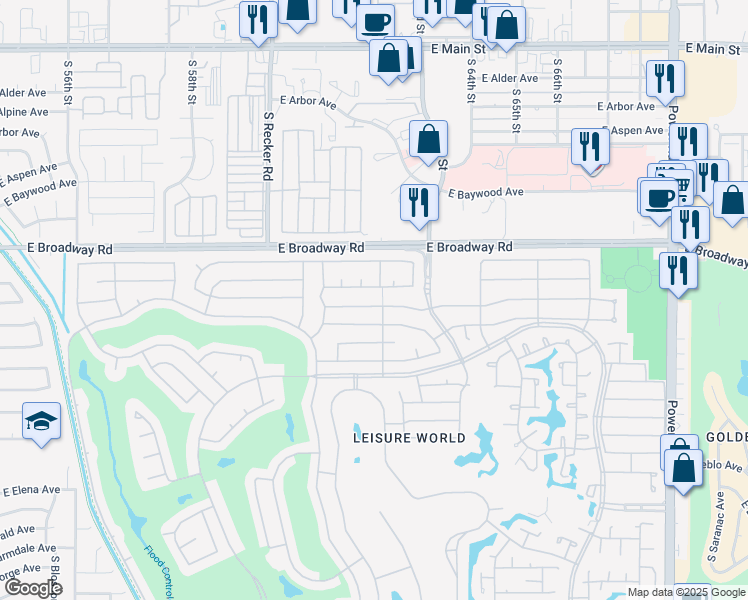 map of restaurants, bars, coffee shops, grocery stores, and more near 1782 Leisure World in Mesa