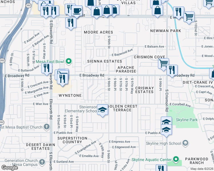 map of restaurants, bars, coffee shops, grocery stores, and more near 443 South 96th Street in Mesa