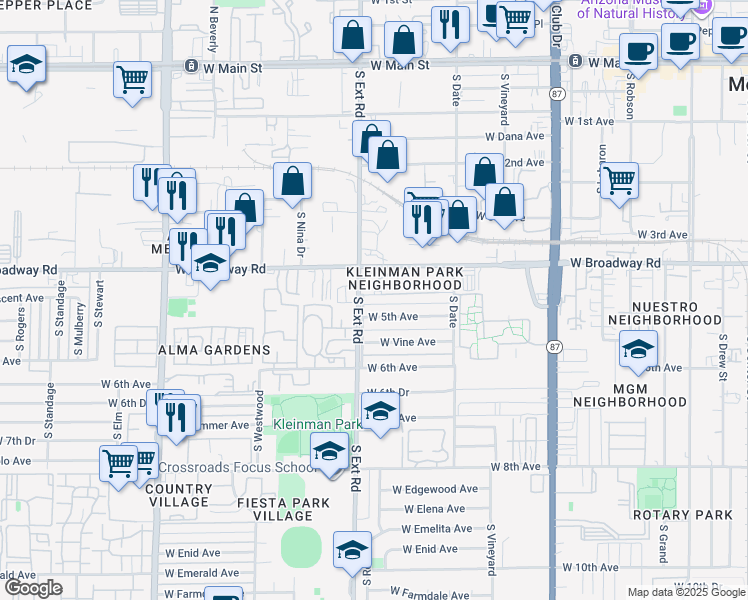 map of restaurants, bars, coffee shops, grocery stores, and more near 741 West Crescent Avenue in Mesa