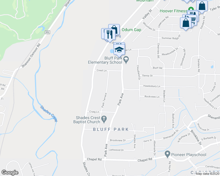 map of restaurants, bars, coffee shops, grocery stores, and more near 539 Park Terrace in Hoover