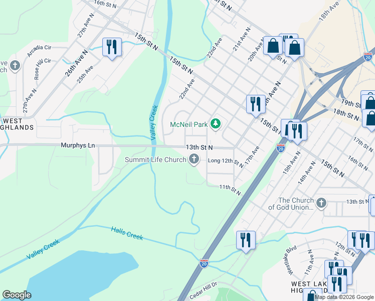 map of restaurants, bars, coffee shops, grocery stores, and more near 2030 13th St N in Bessemer