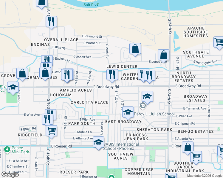 map of restaurants, bars, coffee shops, grocery stores, and more near 2001 East Broadway Road in Phoenix