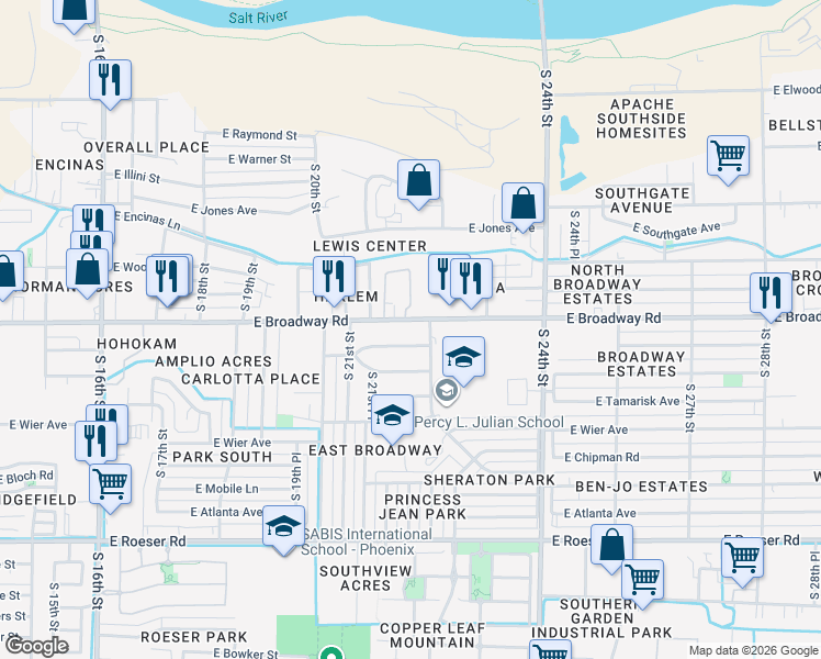 map of restaurants, bars, coffee shops, grocery stores, and more near 2143 East Broadway Road in Phoenix
