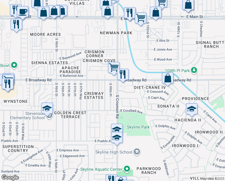 map of restaurants, bars, coffee shops, grocery stores, and more near 437 South 99th Place in Mesa