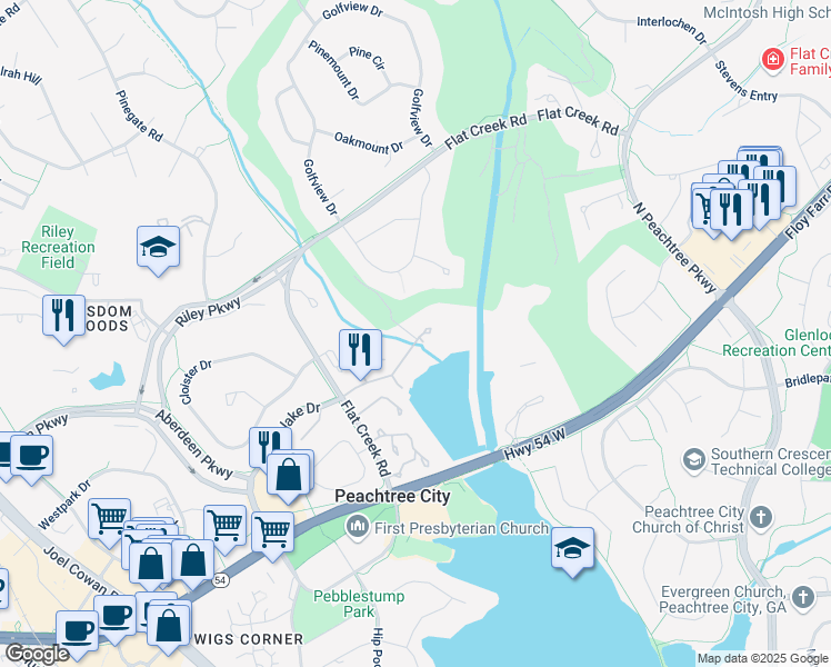 map of restaurants, bars, coffee shops, grocery stores, and more near 3 Northlake Drive in Peachtree City