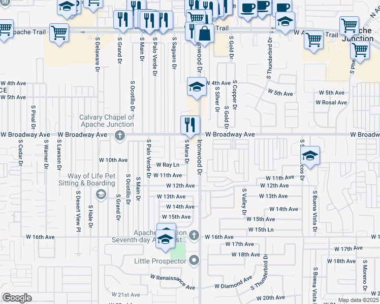 map of restaurants, bars, coffee shops, grocery stores, and more near 975 South Mara Drive in Apache Junction
