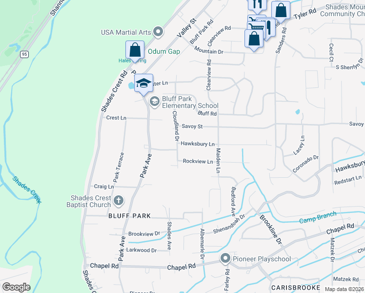 map of restaurants, bars, coffee shops, grocery stores, and more near 2204 Hawksbury Lane in Birmingham