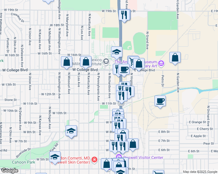 map of restaurants, bars, coffee shops, grocery stores, and more near 1210 North Richardson Avenue in Roswell