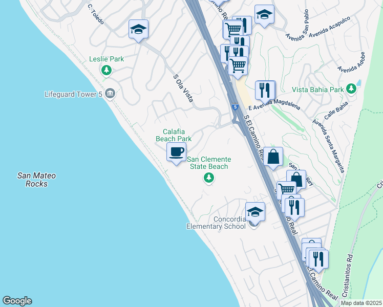 map of restaurants, bars, coffee shops, grocery stores, and more near 233 Avenida Lobeiro in San Clemente