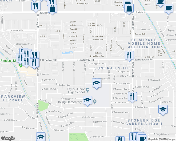 map of restaurants, bars, coffee shops, grocery stores, and more near 3209 East Crescent Avenue in Mesa