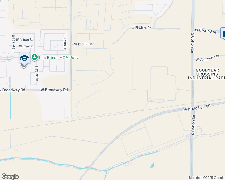 map of restaurants, bars, coffee shops, grocery stores, and more near 17815 West Broadway Road in Goodyear