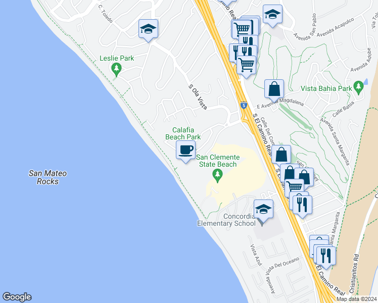 map of restaurants, bars, coffee shops, grocery stores, and more near 242 Avenida Lobeiro in San Clemente