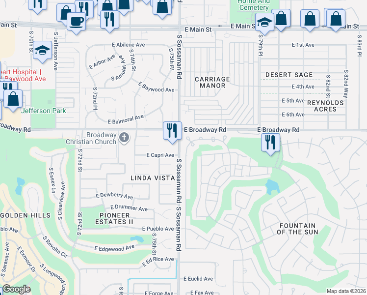 map of restaurants, bars, coffee shops, grocery stores, and more near 439-479 South Sossaman Road in Mesa