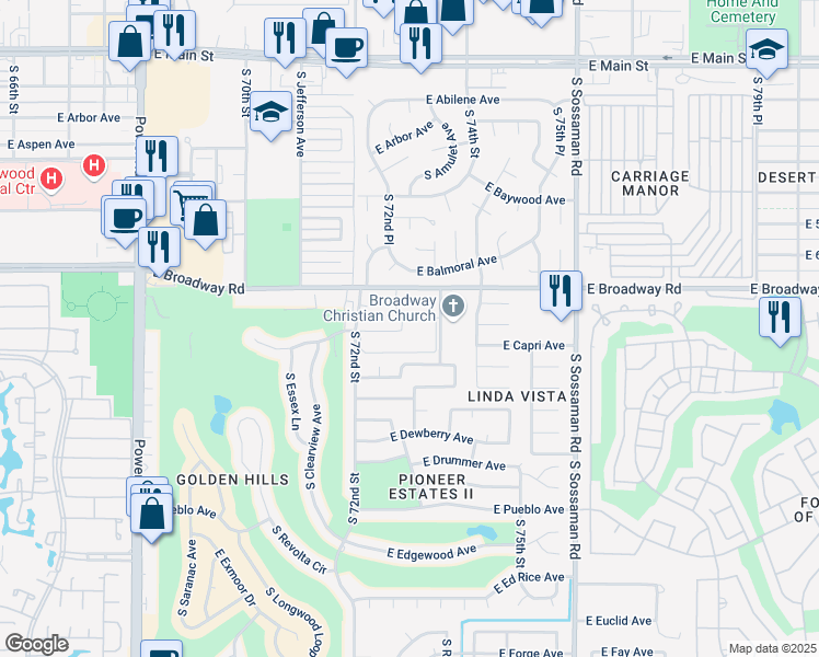 map of restaurants, bars, coffee shops, grocery stores, and more near 7255 East Broadway Road in Mesa