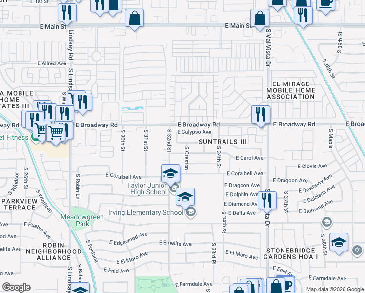 map of restaurants, bars, coffee shops, grocery stores, and more near 3209 East Crescent Avenue in Mesa