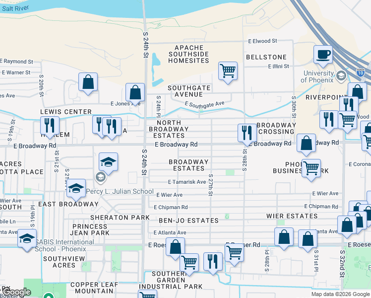 map of restaurants, bars, coffee shops, grocery stores, and more near 2515 East Broadway Road in Phoenix