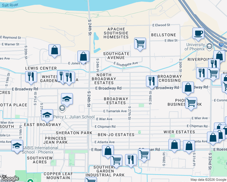 map of restaurants, bars, coffee shops, grocery stores, and more near 2515 East Broadway Road in Phoenix