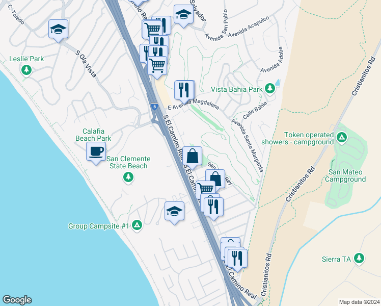 map of restaurants, bars, coffee shops, grocery stores, and more near in San Clemente