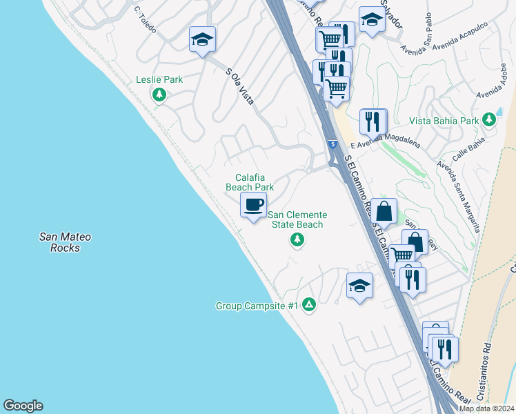 map of restaurants, bars, coffee shops, grocery stores, and more near in San Clemente