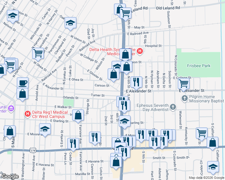 map of restaurants, bars, coffee shops, grocery stores, and more near 670 East Alexander Street in Greenville