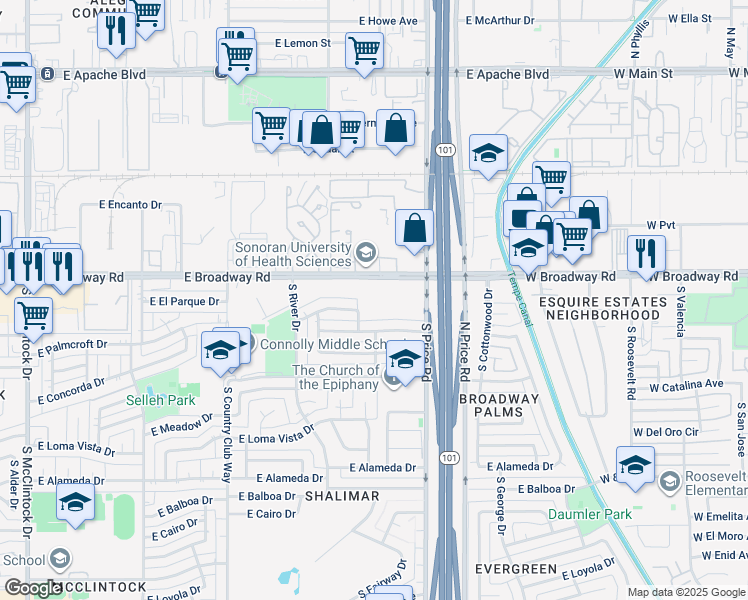 map of restaurants, bars, coffee shops, grocery stores, and more near 2141 East Broadway Road in Tempe