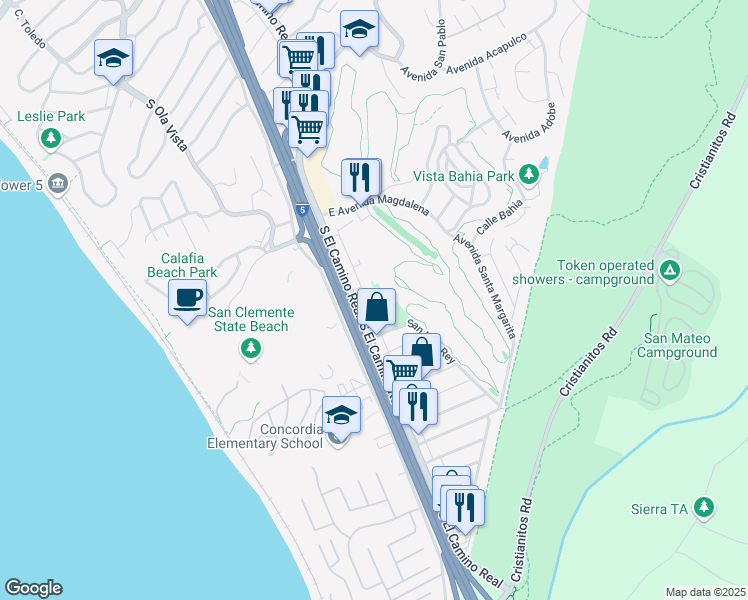 map of restaurants, bars, coffee shops, grocery stores, and more near 2715 Calle Del Comercio in San Clemente