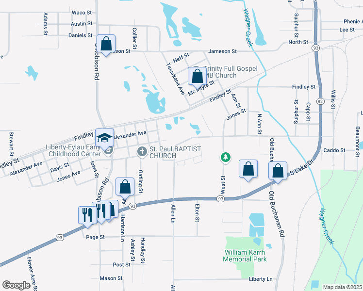 map of restaurants, bars, coffee shops, grocery stores, and more near 2615 Garber Street in Texarkana